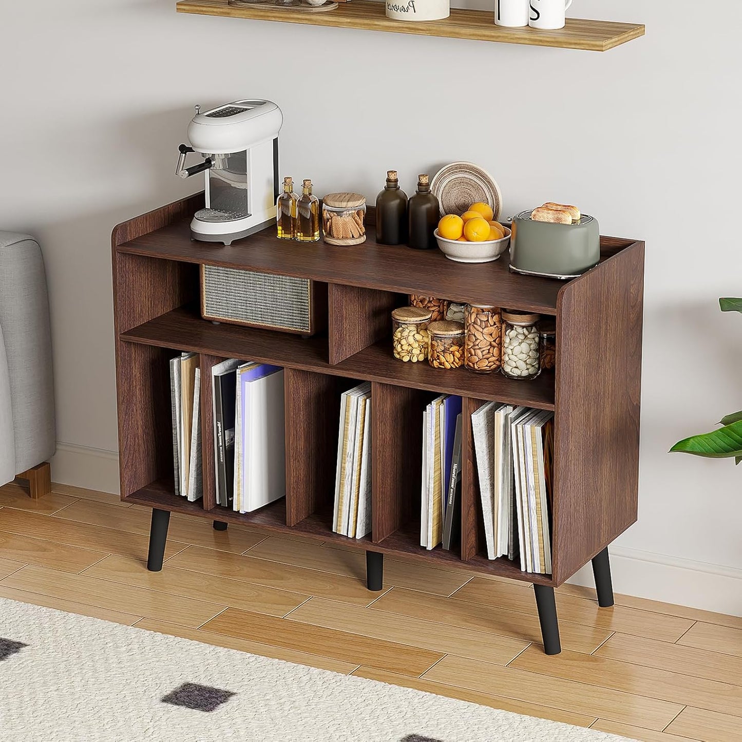 Record Player Stand, Turntable Stand with Vinyl Storage, Record Player Cabinet up to 350 Albums, Cube Storage Organizer for Living Room, Walnut