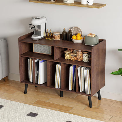 Record Player Stand, Turntable Stand with Vinyl Storage, Record Player Cabinet up to 350 Albums, Cube Storage Organizer for Living Room, Walnut