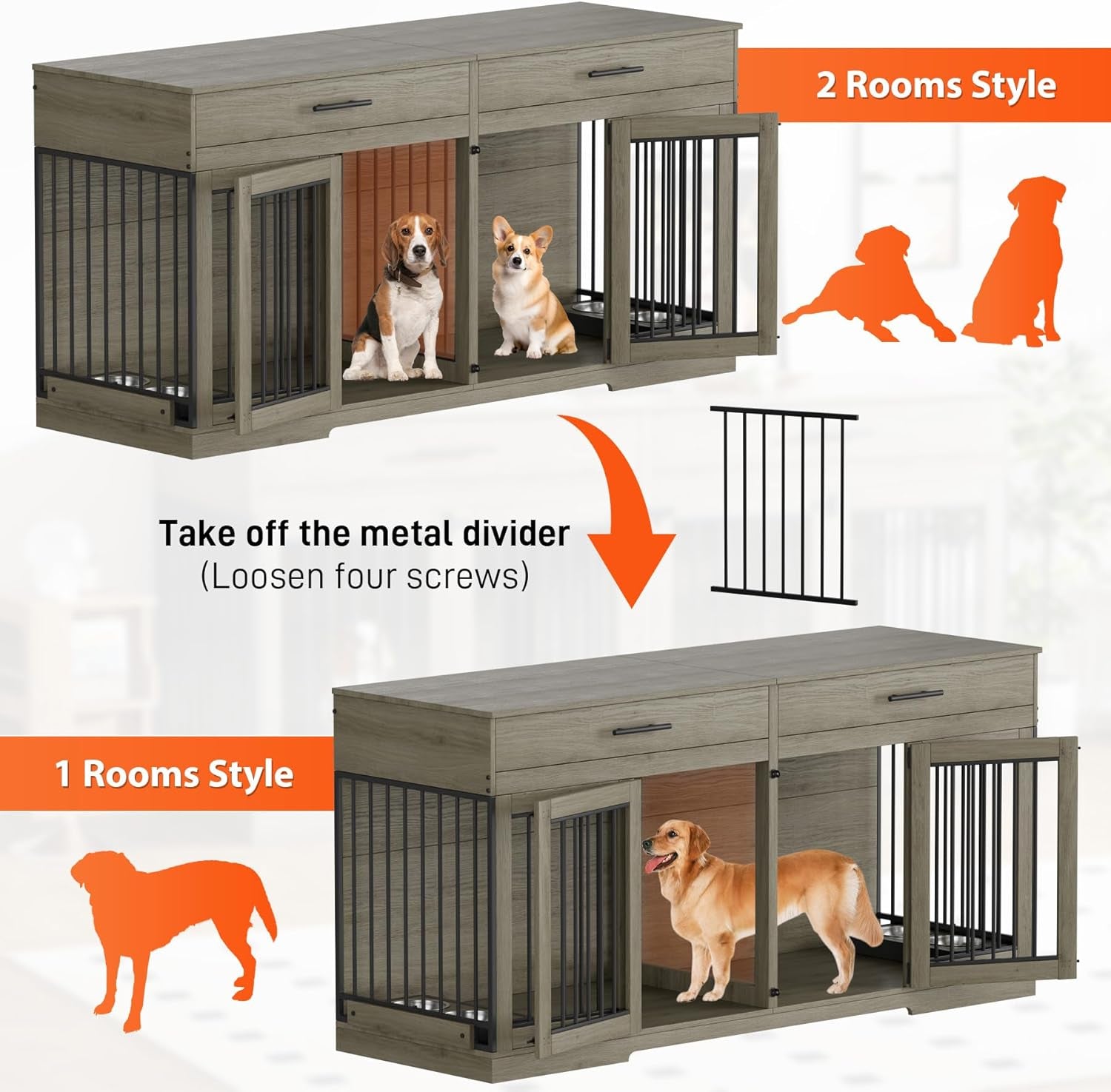 72" Dog Crate Furniture for 2 Dogs, Large Double Dog Kennel Indoor Furniture with 2 Storage Drawers and Removable Divider, Wooden Dog Cage with 4 Bowls, Dog House TV Stand for Medium Dog, Grey