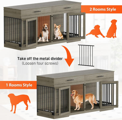 72" Dog Crate Furniture for 2 Dogs, Large Double Dog Kennel Indoor Furniture with 2 Storage Drawers and Removable Divider, Wooden Dog Cage with 4 Bowls, Dog House TV Stand for Medium Dog, Grey