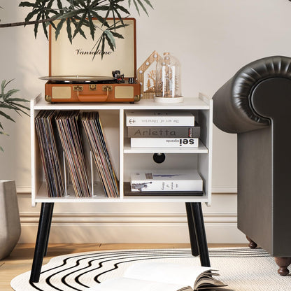 Record Player Stand, Mid-Century Record Player Table with Storage Hold up to 150 Albums , Vinyl Record Cabinet with Adjustable Shelves , Wood Turntable Stand for Living Room Bedroom (White)