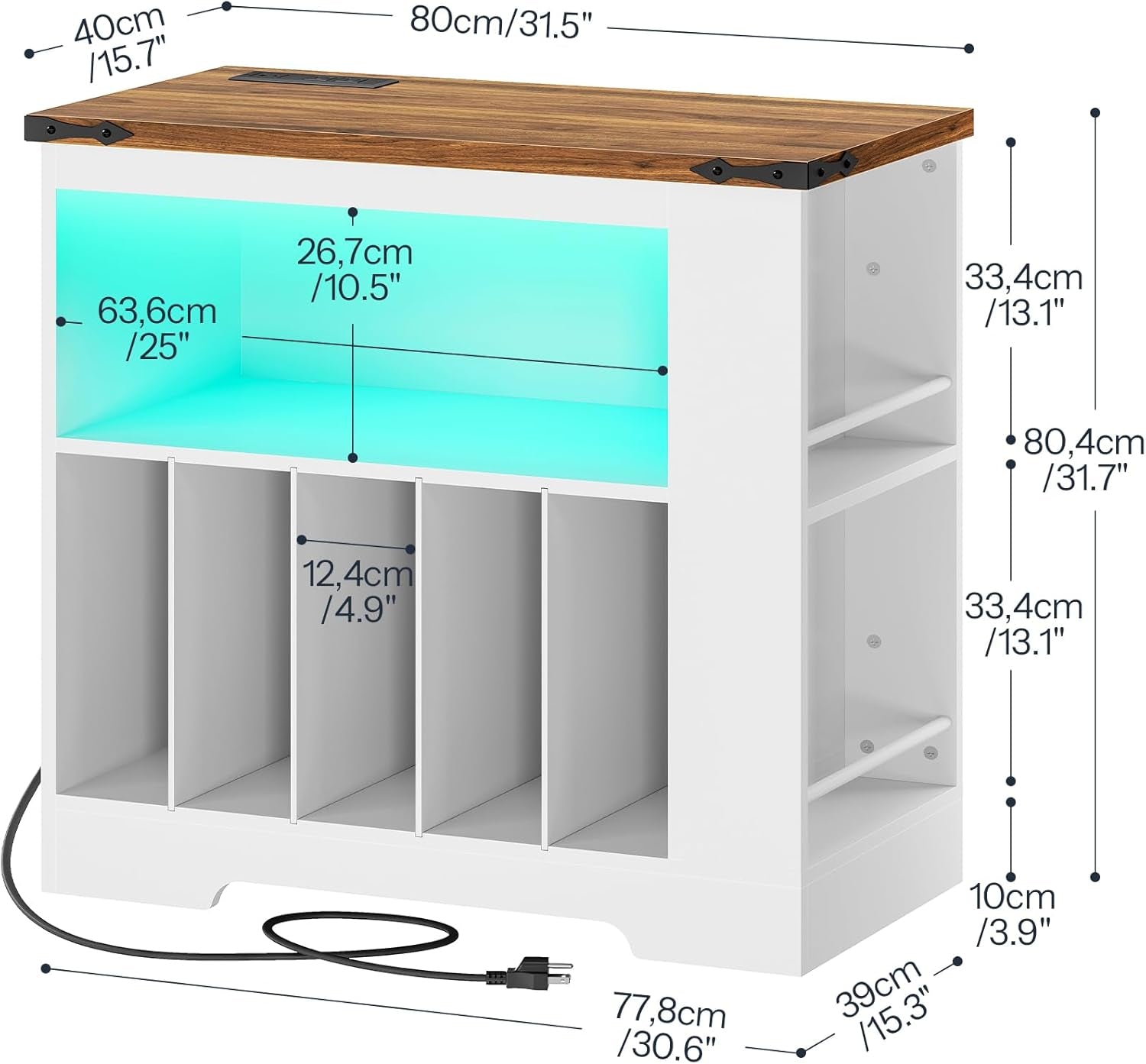 Large Record Player Stand with Charging Station & LED Lights, Vinyl Record Storage Table Holds up to 230 Albums, Turntable Stand with Display Shelf for Living Room, Walnut and White WH80UDRS01