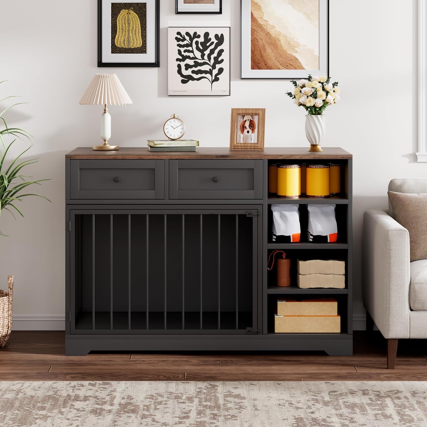 82" Double Dog Crate Furniture, Large Dog Kennel Indoor for 2 Dogs, Heavy Duty Wooden Dog Crate TV Stand with 4 Drawers and Shelves, Natural