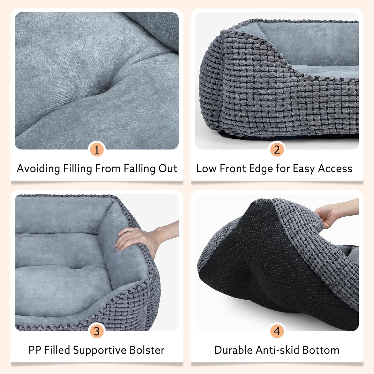 Dog Bed for Large Medium Small Dogs, Rectangle Washable Sleeping Puppy Bed, Soft Calming Cat Beds for Indoor Cats, Orthopedic Pet Sofa Bed, Anti-Slip Bottom with Multiple Size (20'', Grey)