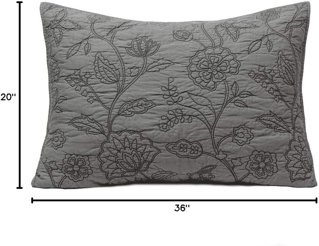 Cotton Vintage Embroidered King Pillow Sham, 20'' X 36'', Gray, 1 Piece