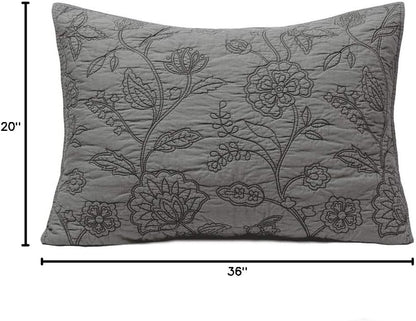 Cotton Vintage Embroidered King Pillow Sham, 20'' X 36'', Gray, 1 Piece