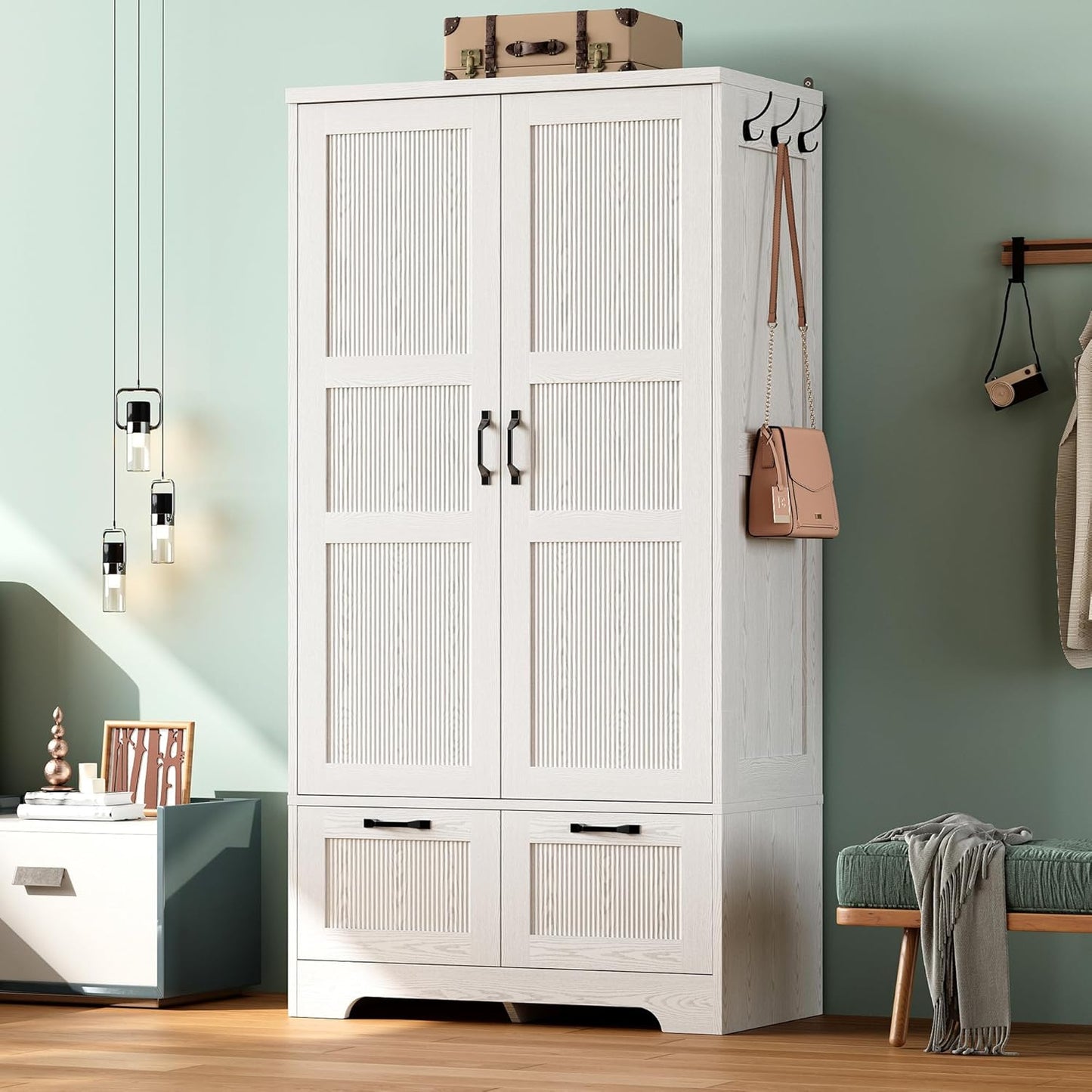 Armoire Wardrobe Closet, 71" H Wooden Clothing Storage Cabinet with 2 Doors and 2 Drawers, Bedroom Freestanding Wardrobe Combination with Hanging Rod and Adjustable Shelves, White