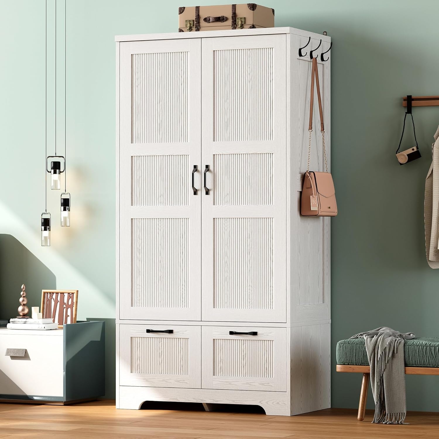 Armoire Wardrobe Closet, 71" H Wooden Clothing Storage Cabinet with 2 Doors and 2 Drawers, Bedroom Freestanding Wardrobe Combination with Hanging Rod and Adjustable Shelves, White