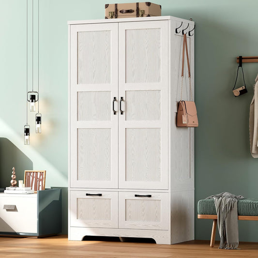Armoire Wardrobe Closet, 71" H Wooden Clothing Storage Cabinet with 2 Doors and 2 Drawers, Bedroom Freestanding Wardrobe Combination with Hanging Rod and Adjustable Shelves, White