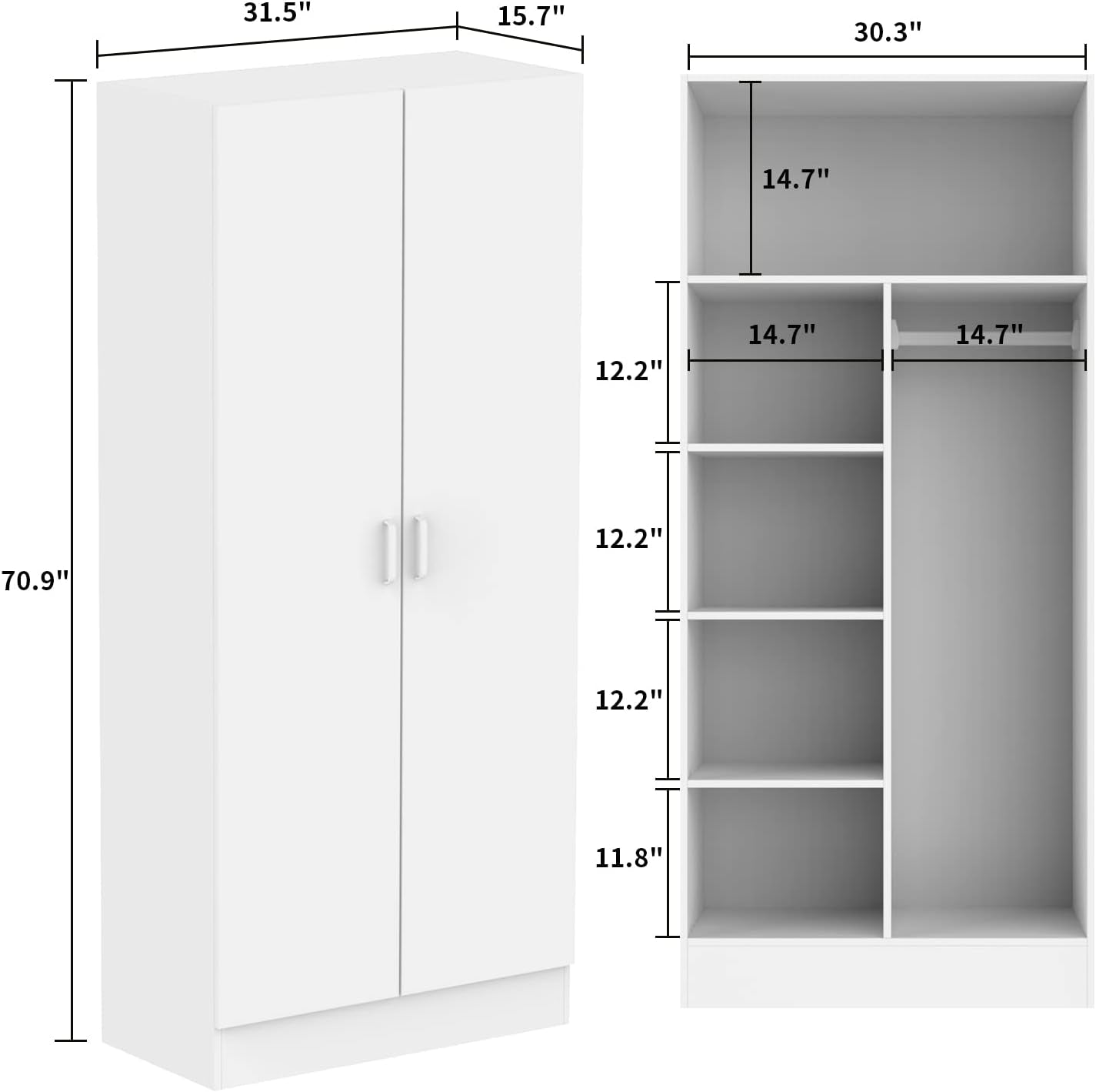 2-Door Wardrobe Cabinet with Hanging Rod and 5 Shelves, Modern Free Standing Wood Storage Closet with Sliver Metal Handles for Bedroom, White, 31.5”W X 19.1”D X 70.9”H