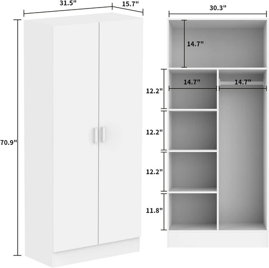 2-Door Wardrobe Cabinet with Hanging Rod and 5 Shelves, Modern Free Standing Wood Storage Closet with Sliver Metal Handles for Bedroom, White, 31.5”W X 19.1”D X 70.9”H