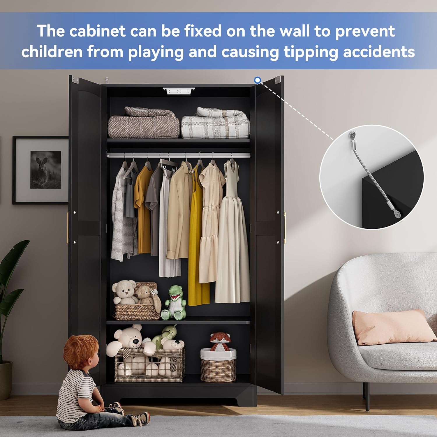 Wooden Armoire Wardrobe Closet, Wardrobe Cabinet with Door and Shelves, Freestanding Bedroom Armoires Clothing Storage Cabinet with Hanging Rod for Bedroom, Laundry Room, Cloak Room（Black）