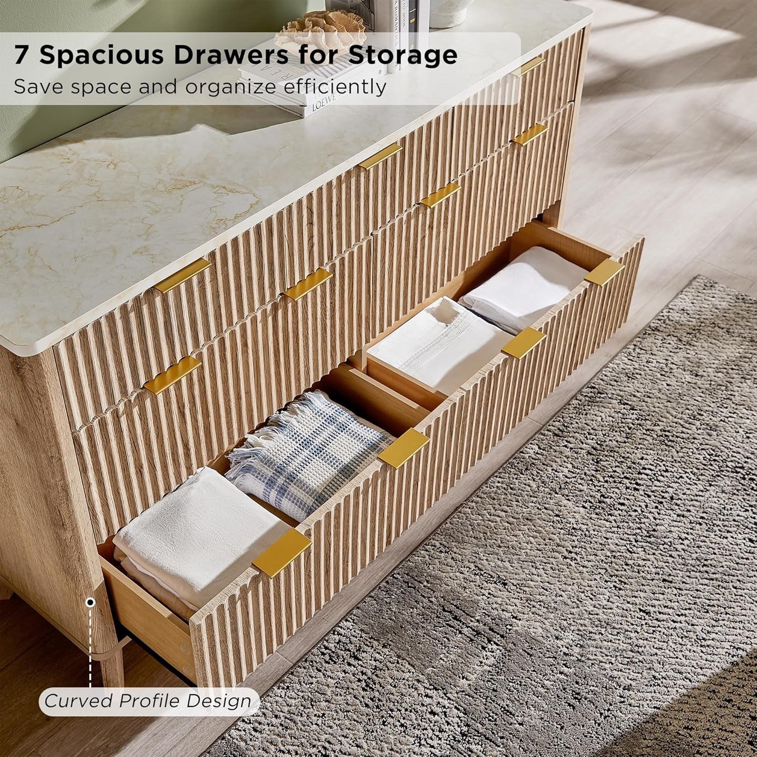 Fluted 7 Drawers Dresser, 54" Wide Modern Chest of Drawers with Faux Marble Top, Curved Profile Design, Dresser TV Stand, Wood Drawer Organizer for Bedroom, Living Room, Hallway, Natural Oak