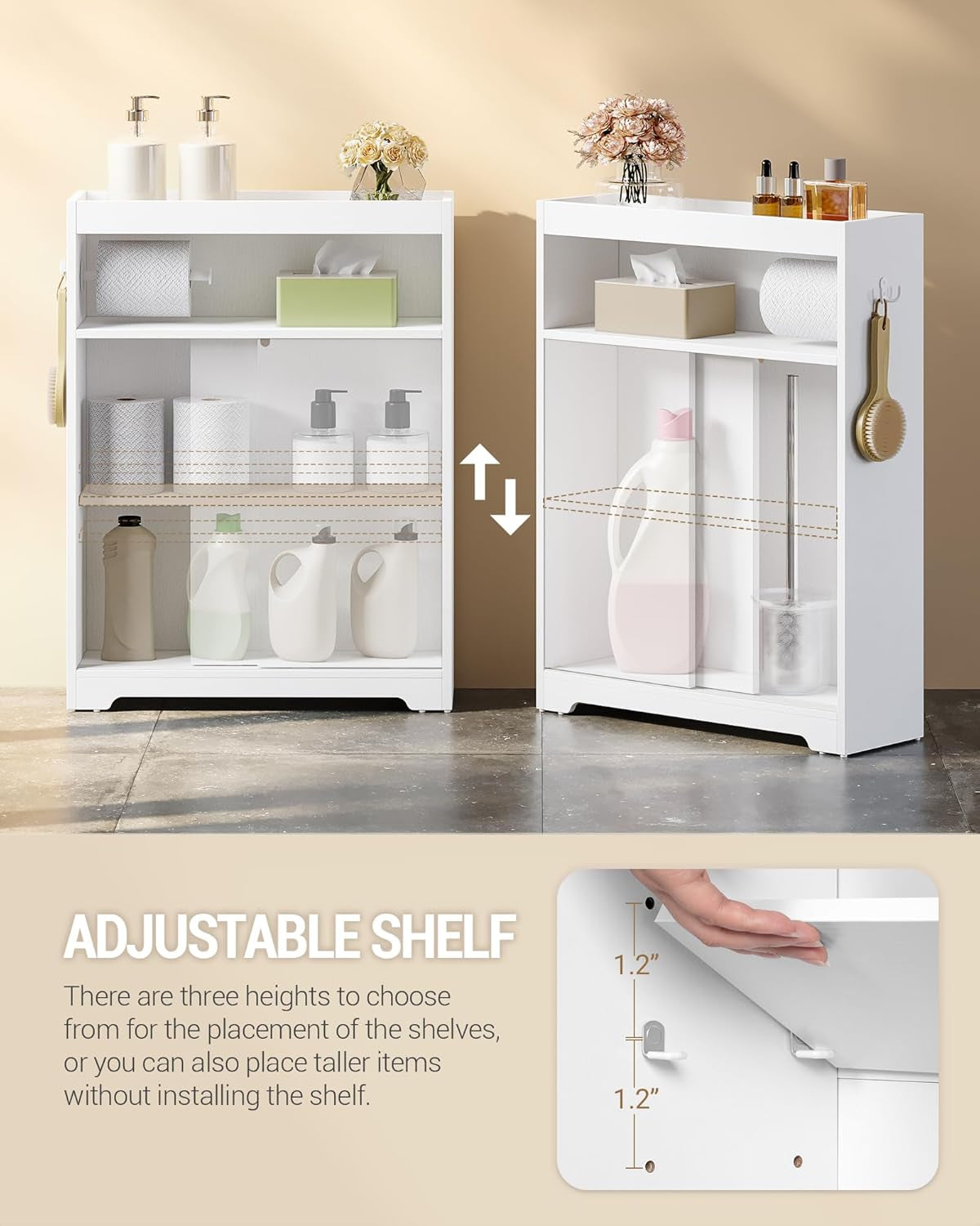 Slim Bathroom Storage Cabinet, Toilet Paper Storage Cabinet with Sliding Doors, Small Cabinets with Toilet Paper Holder, Adjustable Shelf, Next to Toilet, for Small Spaces, White BC62813X