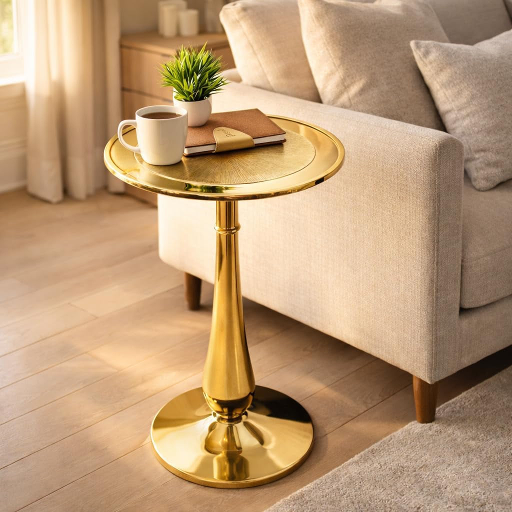 Gold round End Table – Modern Metal Accent Side Table with Embossed Top & Pedestal Base for Living Room, Bedroom, Entryway or Hallway, Electroplated Aluminum Design