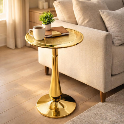 Gold round End Table – Modern Metal Accent Side Table with Embossed Top & Pedestal Base for Living Room, Bedroom, Entryway or Hallway, Electroplated Aluminum Design