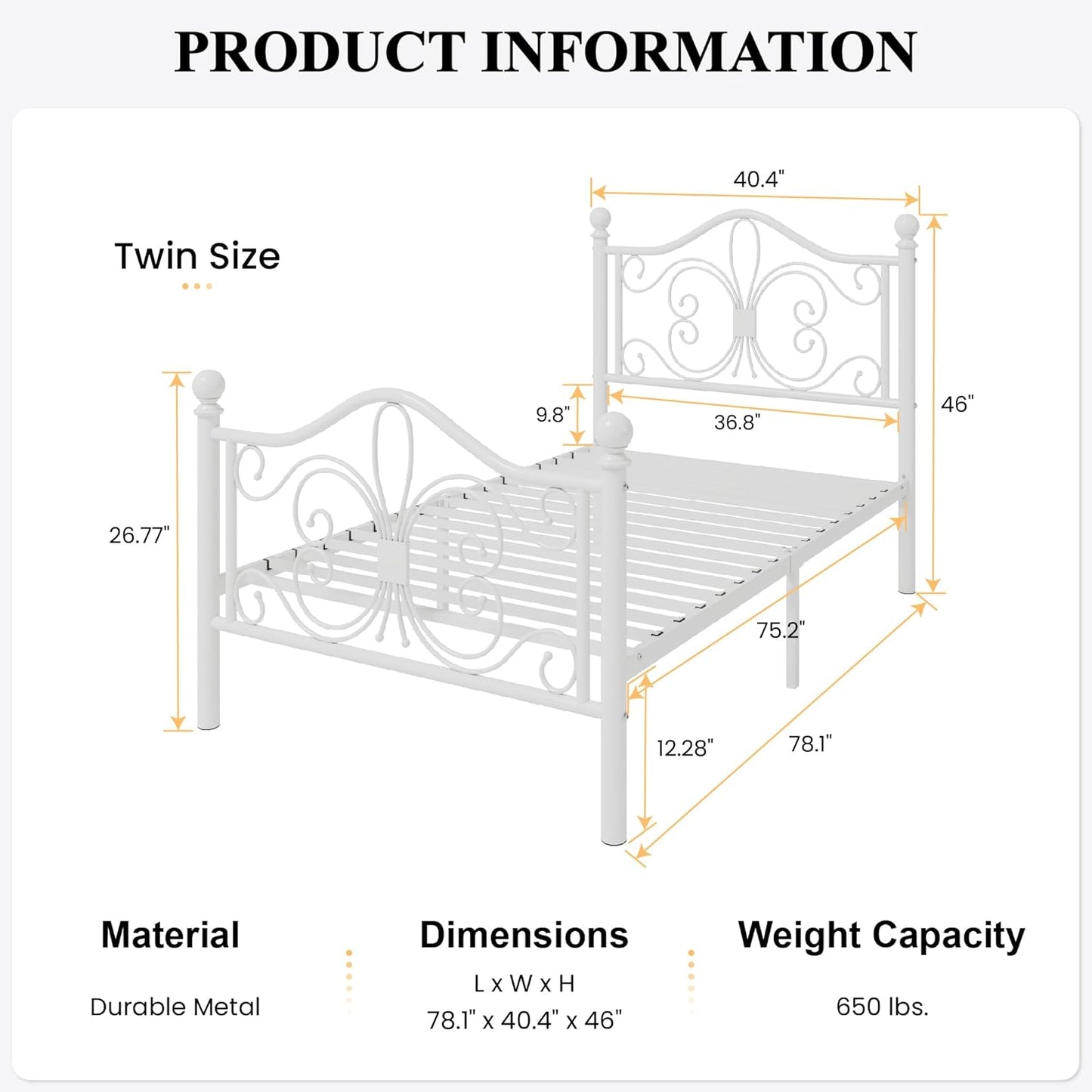 Twin Size Bed Frame for Kids,Metal Bed Frame with Butterfly Pattern Design Headboard & Footboard,No Box Spring Needed,Easy Assembly,White