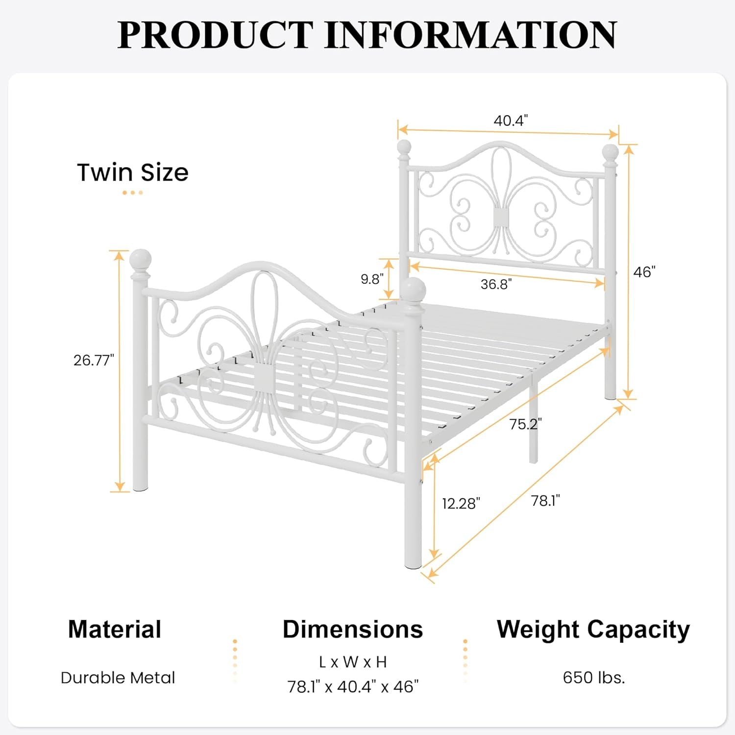 Twin Size Bed Frame for Kids,Metal Bed Frame with Butterfly Pattern Design Headboard & Footboard,No Box Spring Needed,Easy Assembly,White