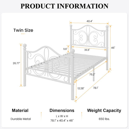 Twin Size Bed Frame for Kids,Metal Bed Frame with Butterfly Pattern Design Headboard & Footboard,No Box Spring Needed,Easy Assembly,White
