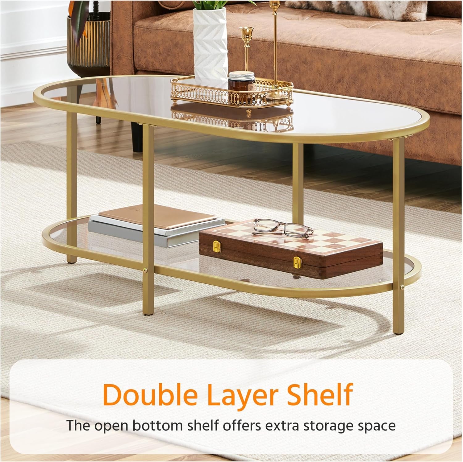 42" Oval Glass Coffee Table for Living Room, 2-Tier Center Table with Storage Shelf for Small Space, Office