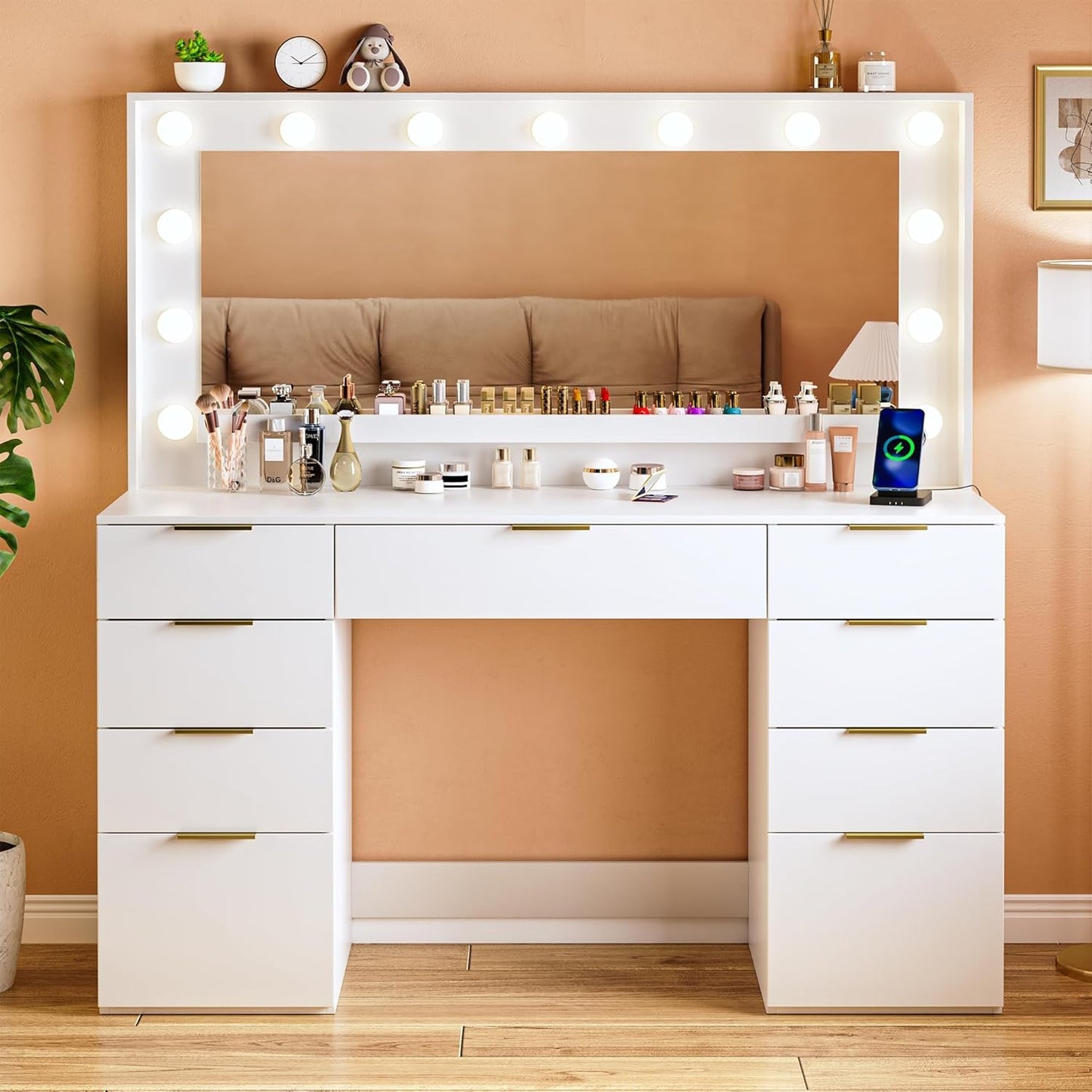 Vanity Desk with Large Mirror and Lights, 45.3In Makeup Vanity with Power Outlet 9 Drawers & Storage, 3 Lighting Color Adjustable, White Vanity Desk for Bedroom