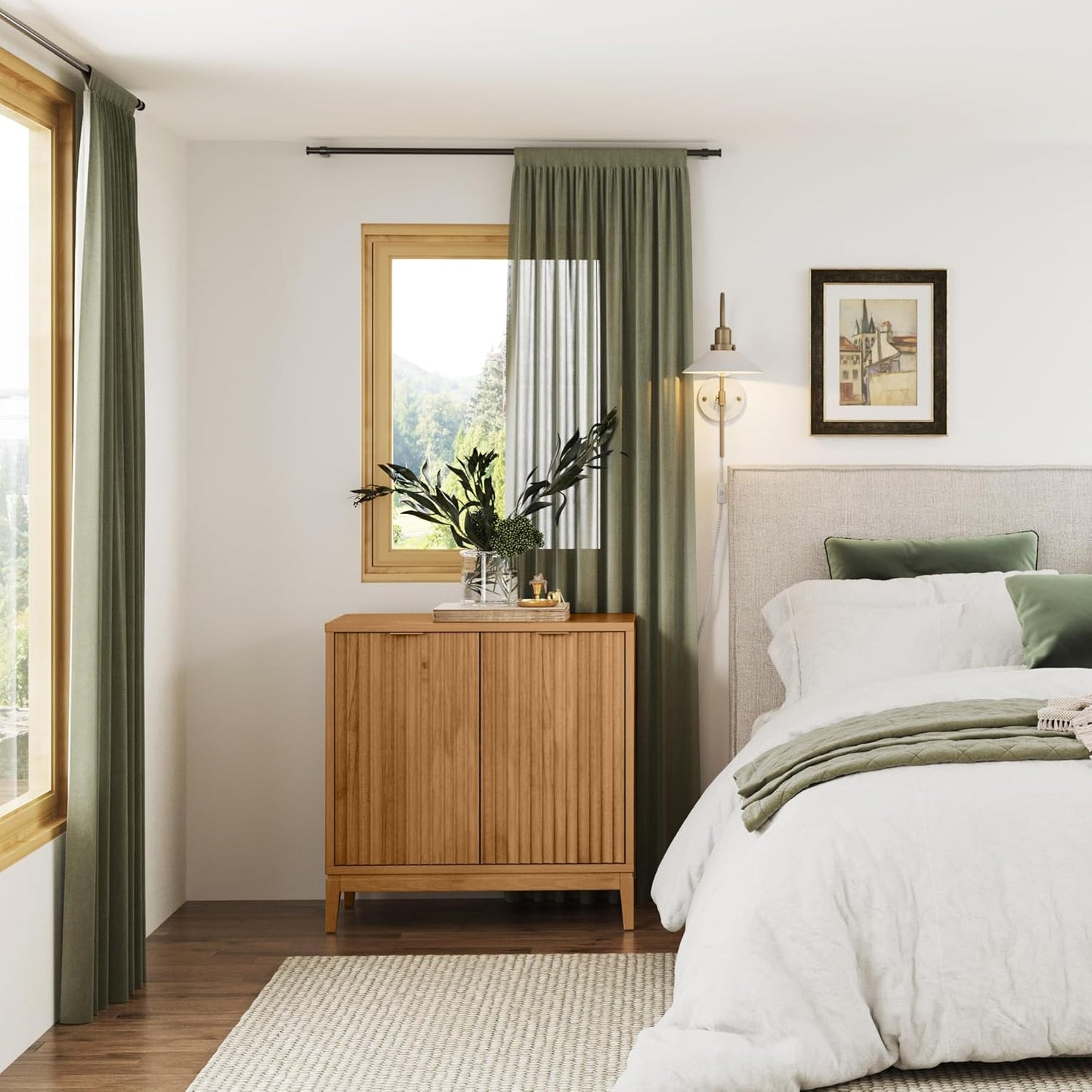 Jasper Mid-Century Modern Storage Cabinet and Matching End Table, Warm Pine and Natural Brown