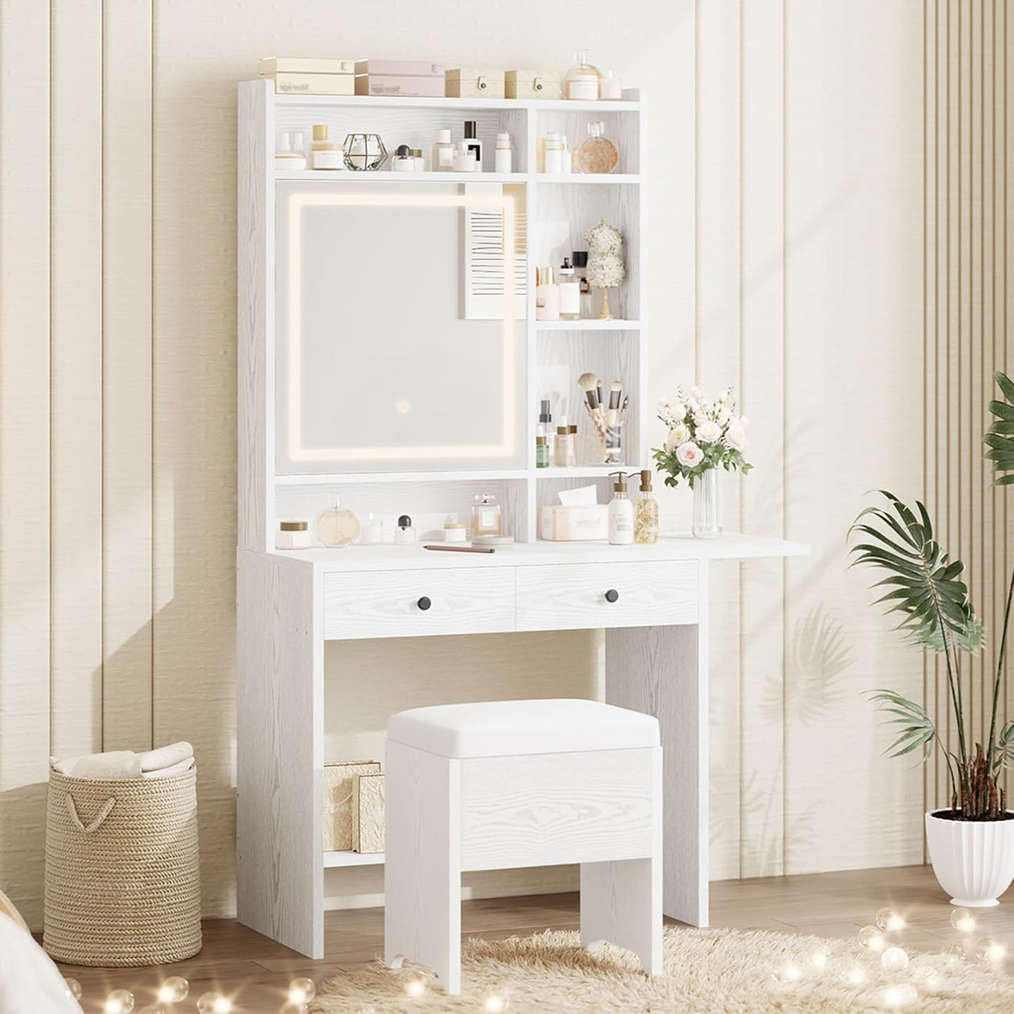 Vanity Desk with Mirror and LED Lights, Jewelry Cabinet, Makeup Dressing Table Set with Drawers, Storage Shelves, for Bedroom, 65.3 H White