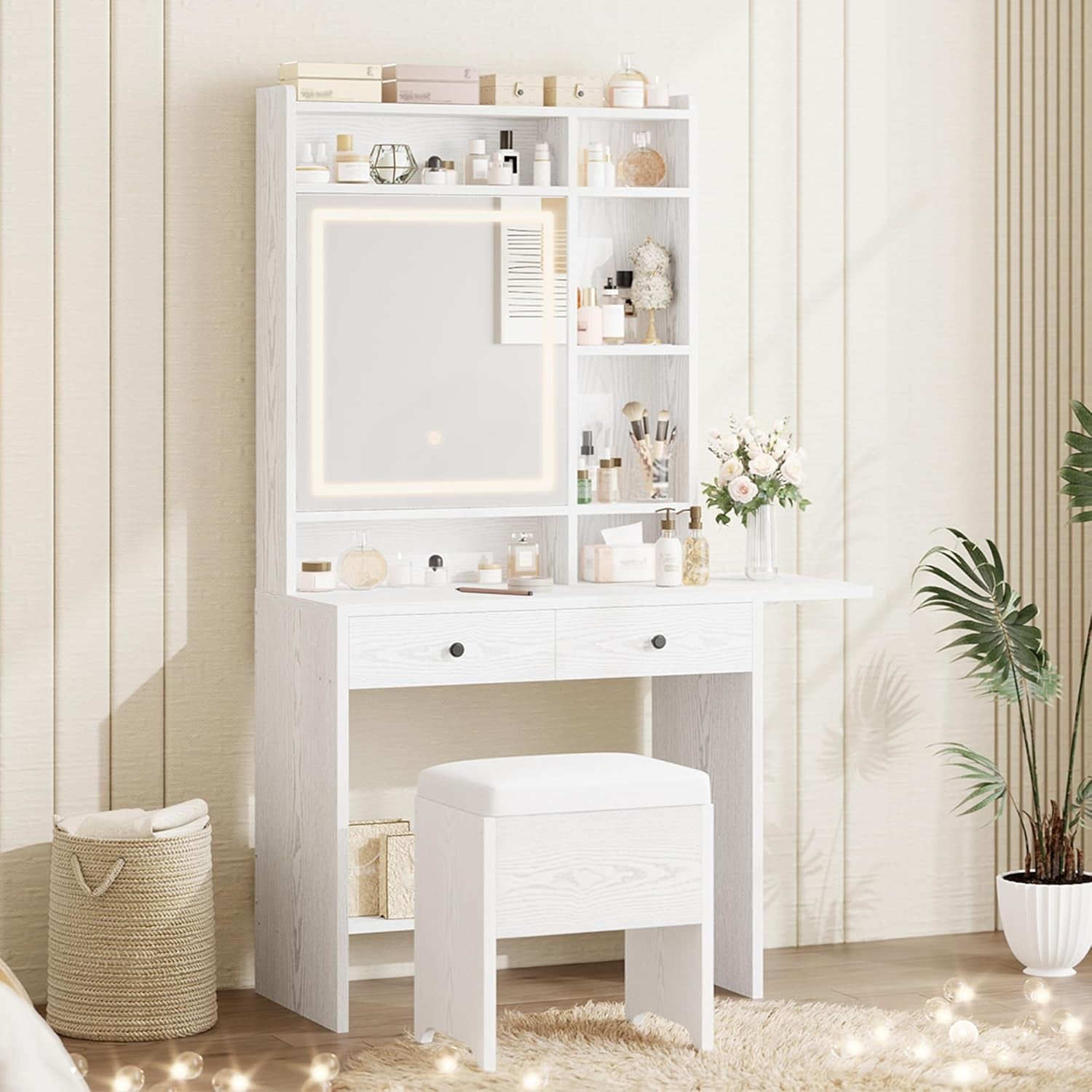 Vanity Desk with Mirror and LED Lights, Jewelry Cabinet, Makeup Dressing Table Set with Drawers, Storage Shelves, for Bedroom, 65.3 H White