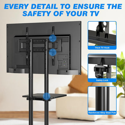 Rolling TV Stand with Laptop Shelf, Mobile TV Stand with Upgraded Wheels for 32-75 Inch Tvs, Height Adjustable Mobile TV Cart up to 88Lbs, Portable TV Mount Stand for Outdoor, Home, Office
