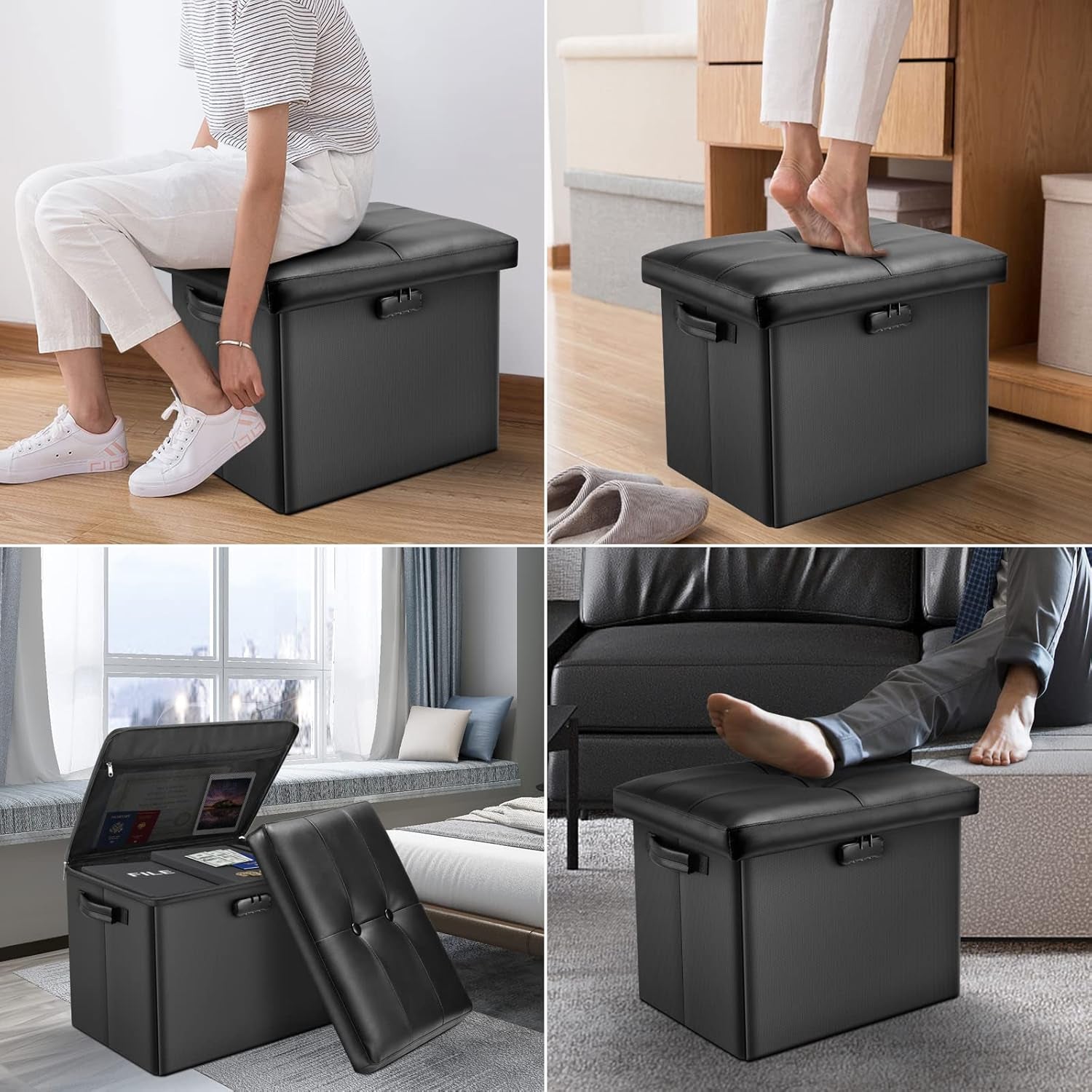 Storage Ottoman with Lock,Fireproof Folding Ottoman Foot Rest Stool Storage Chest with Storage Safe for Important Documents,Waterproof 17 Inches Short Ottoman Foot Stool with Handles,Black
