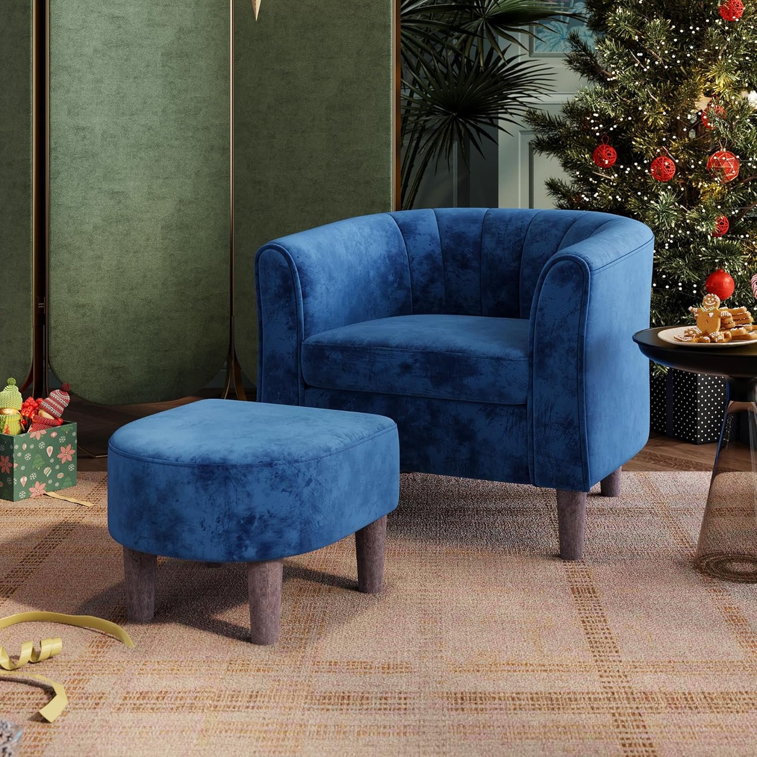Accent Chair with Ottoman, Modern Armchair Comfy Barrel Reading Chair with Footrest for Living Room Bedroom Reading Room, Velvet, Blue
