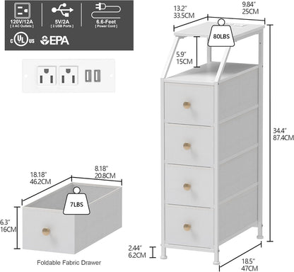Narrow Dresser Tall Skinny Storage Tower Vertical Slim Chest of Drawers with Charging Station Small Nightstand Side Table for Bedroom, Bathroom, Small Spaces (White, 4 Drawers)