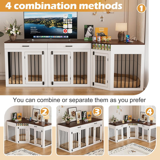 3 in 1 Extra Large Corner Dog Crate Furniture for 3 Dogs,Wooden Dog Crate Kennel with 2 Drawers,Divider,Power Outlet,Heavy Duty Double Dog Kennel TV Stand Indoor for Small,Medium,Large Dogs