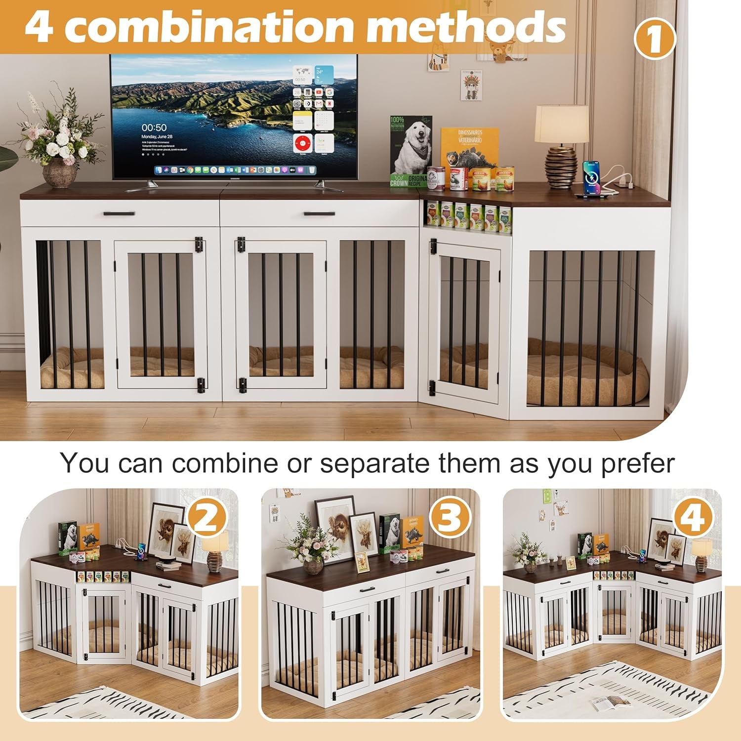 Extra Large Corner Dog Crate Furniture for 3 Dogs,3 in 1 Wooden Dog Crate Kennel with 2 Drawers,Divider,Power Outlet,Heavy Duty Double Dog Kennel Indoor for Small,Medium,Large Dogs,White ﻿