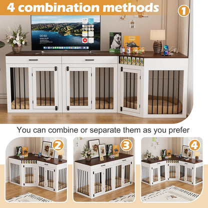 Extra Large Corner Dog Crate Furniture for 3 Dogs,3 in 1 Wooden Dog Crate Kennel with 2 Drawers,Divider,Power Outlet,Heavy Duty Double Dog Kennel Indoor for Small,Medium,Large Dogs,White ﻿