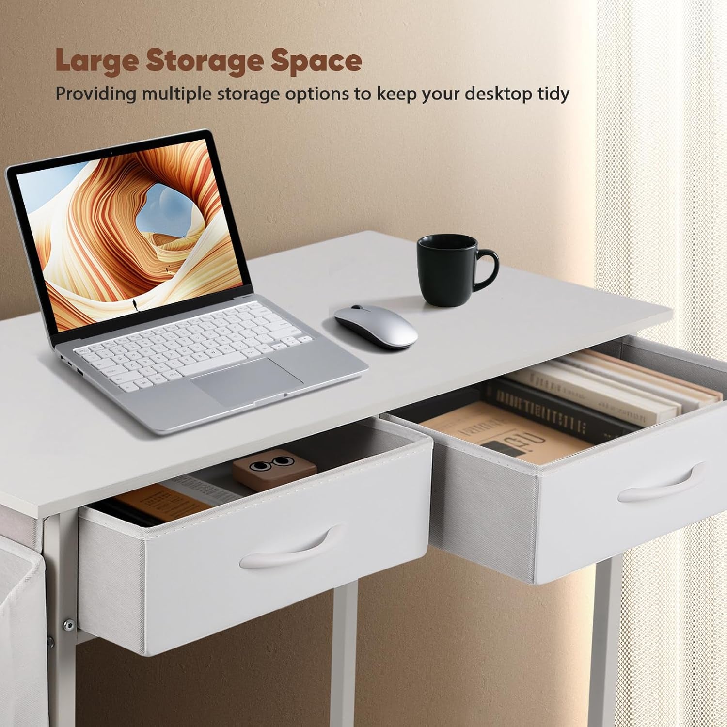 Small Computer Desk with Fabric Drawers for Small Space, 31.5 Inch Home Office Desk with Storage Bag & Metal Hanger, Sturdy Writing Desk for Students, Easy Assembly Modern Design Desk, White