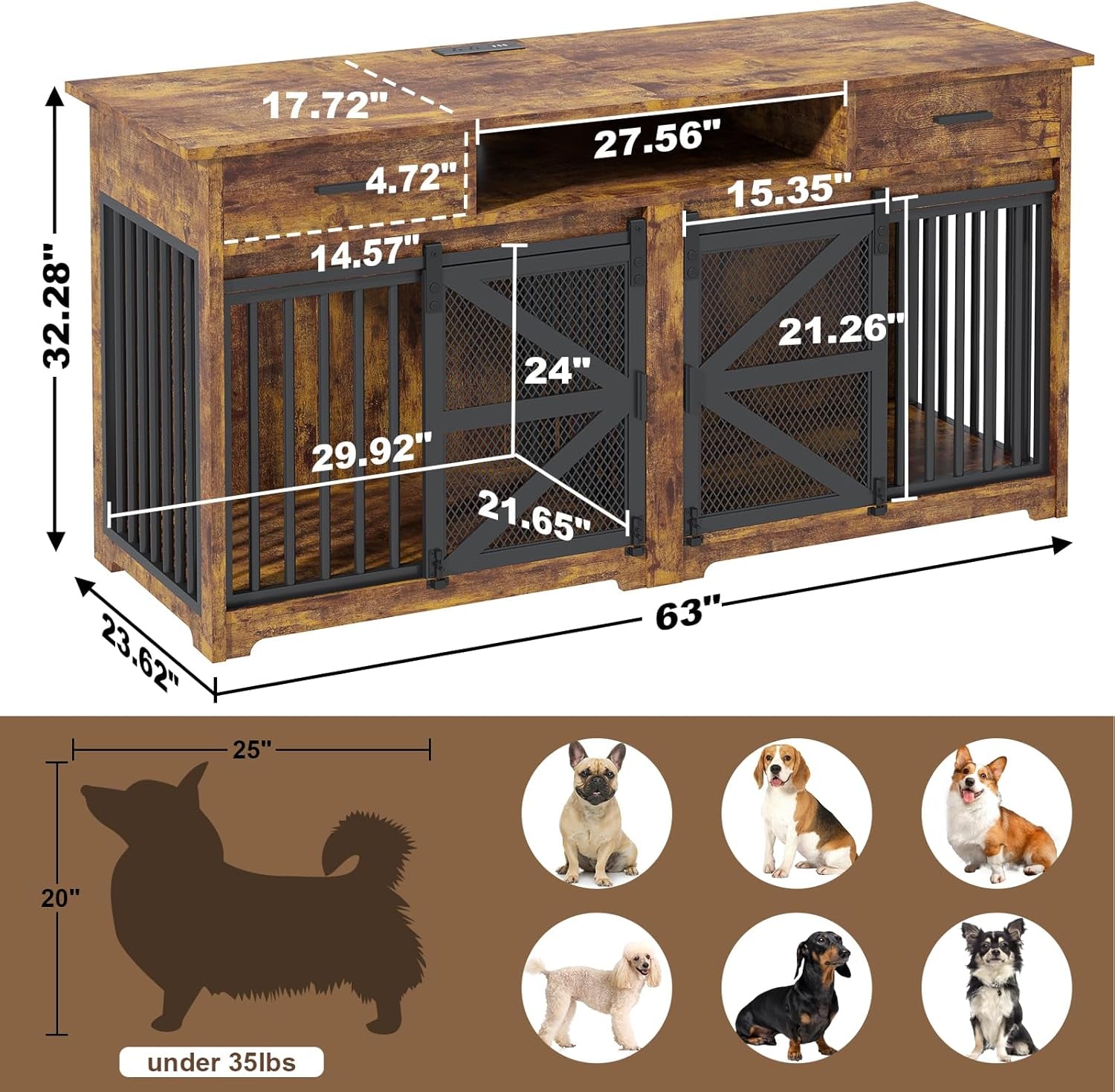 63In Double Dog Crate Furniture with Sliding Door and Detachable Outlet That Powers Pet Zone Sturdy Dog Kennel Furniture with Drawers Organized Storage for Small and Medium Dogs