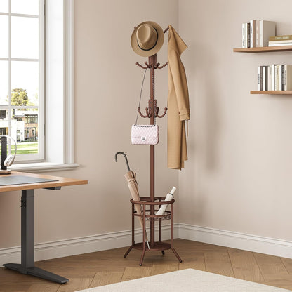 Coat Rack Freestanding, Metal Coat Rack Stand with Umbrella Holder, Modern Coat Tree with 12 Hooks, Floor Standing Corner Hall Tree for Entryway Living Room Bedroom Office, Brown