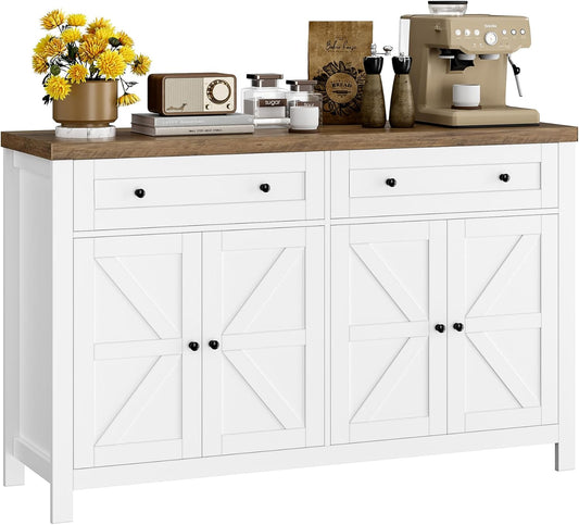 55" Buffet Sideboard Cabinet with Storage, Modern Farmhouse Coffee Bar with Drawers and Shelves, Barn Doors Storage Cabinet for Kitchen, Living Room, White