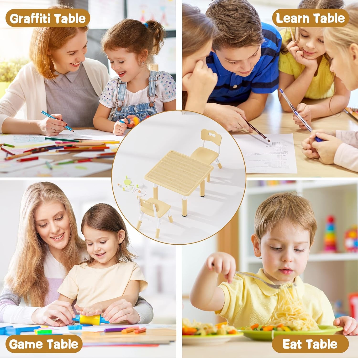 Kids Table and 2 Chairs Set, Height Adjustable Toddler Desk and Chair Set, Graffiti Desktop, Classroom/Daycare/Home, Children Multi-Activity Table for Ages 2-8