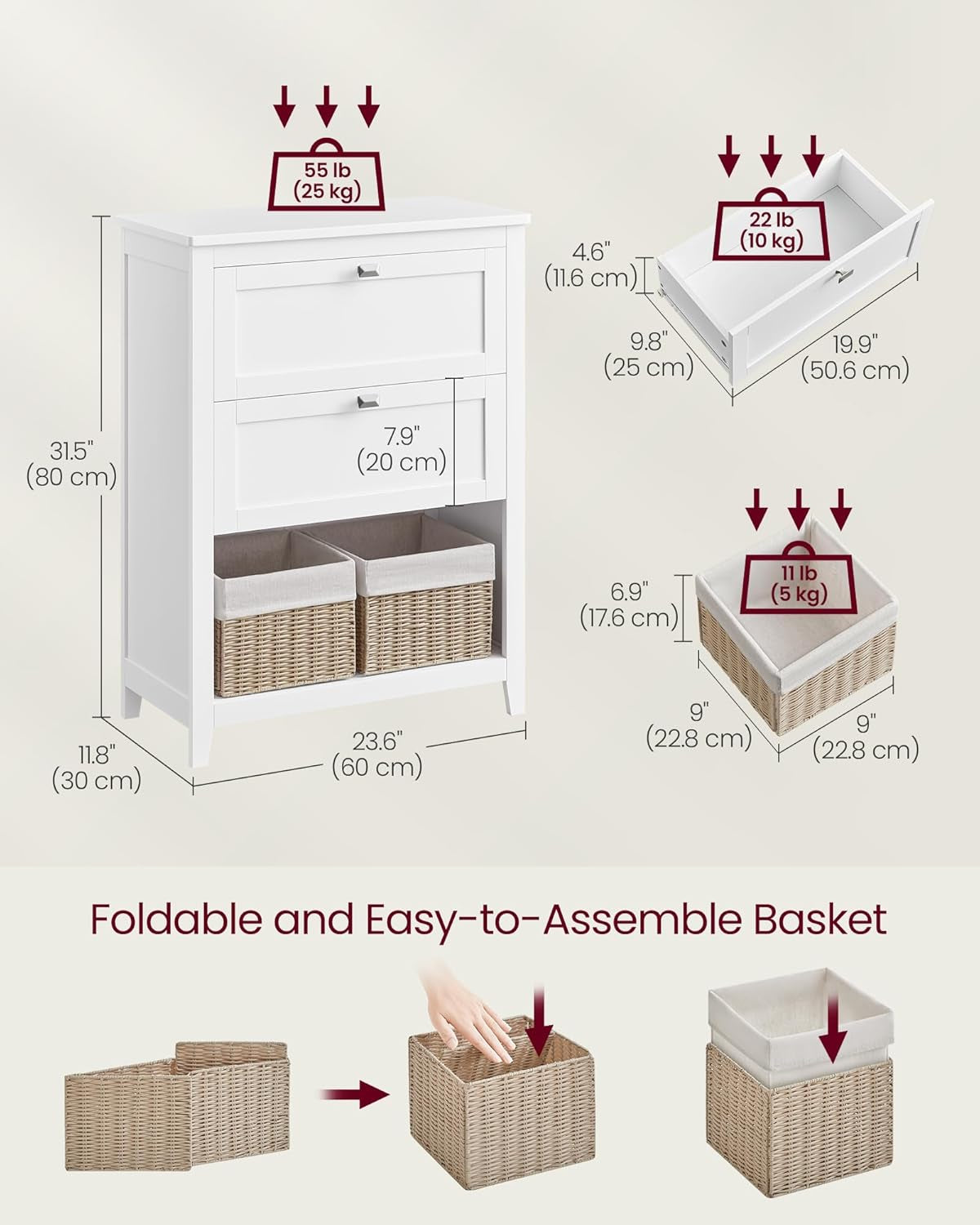Bathroom Cabinet, Storage Cabinet and Bathroom Organizers, 2 Drawers with 1 Set of Adjustable Divider, 2 Baskets, Sideboard, 11.8 X 23.6 X 31.5 Inches, White UBBC545W02