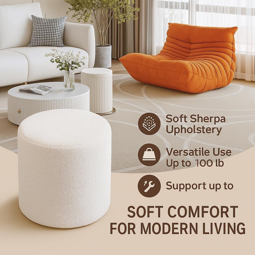 Round Pouf Ottoman and Foot Rest, Soft Boucle Footstool Ottomans for Living Room, Comfort Sponge Stuffed Poofs for Couch Desk Resting Your Feet, White(17.1" D X 17.1" W X 14" H)
