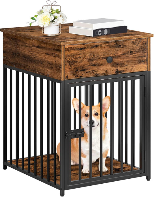 Dog Crate Furniture, Wooden Dog House, Decorative Dog Kennel with Drawer, Indoor Pet Crate End Table for Small Dog, Steel-Tube Puppy Cage, Chew-Proof, Rustic Brown and Black BF01GW03