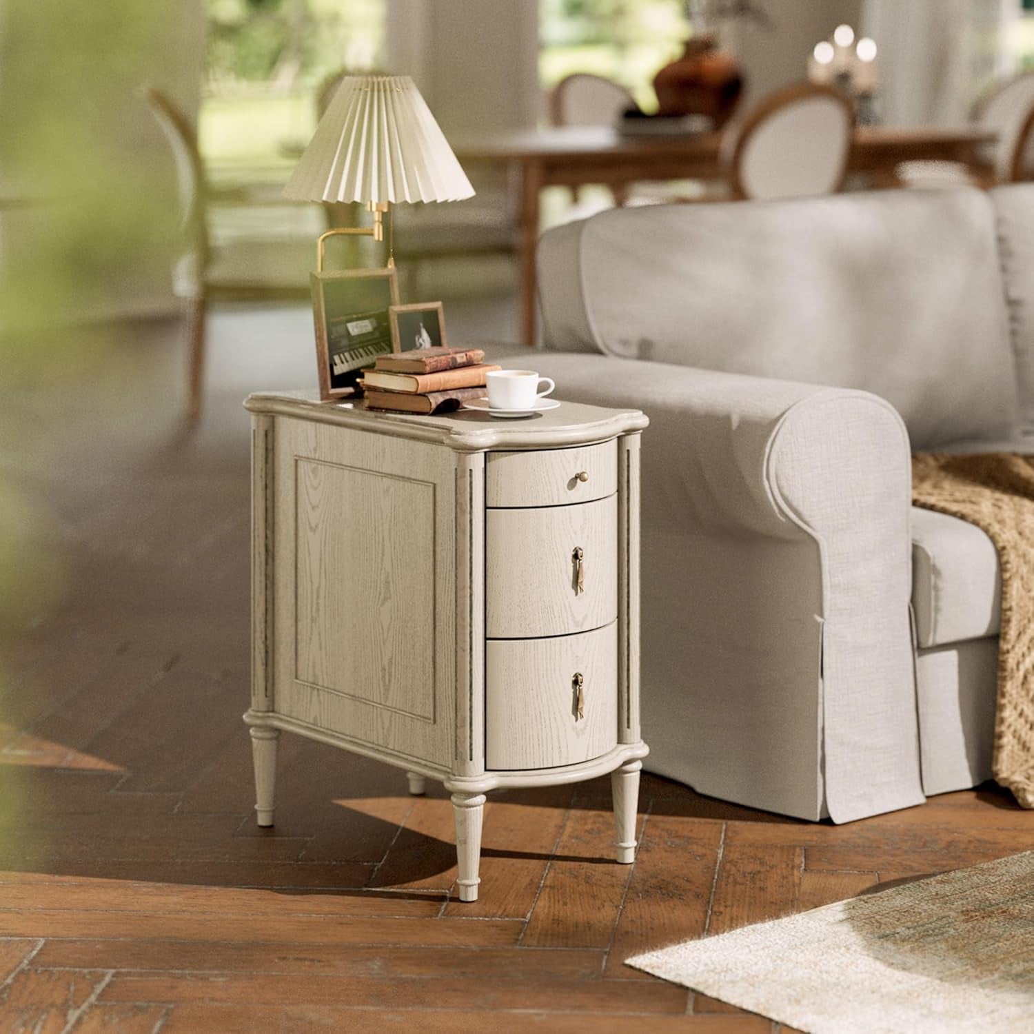 Nightstand W/Charging Station & 3 Drawers, Pre-Assembled, Vintage Side Table W/Antique-Finished Pulls, Rustic Wood Finish, Narrow End Table W/Turned Legs for Bedroom (1, Antique Grey)