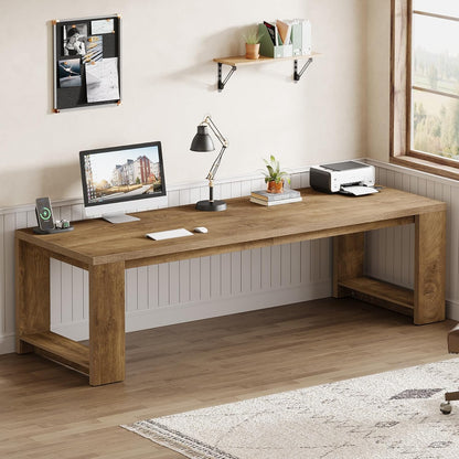 Two Person Desk, 86.6 Inches Extra Long Desk, Double Computer Writing Table, Wood Large Desks Workstation for Home Office, Natural Wood