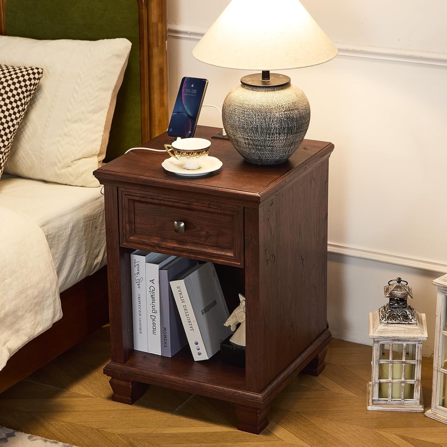 Farmhouse Night Stand with Charging Station, Rustic Wood Nightstand with Drawer, End Side Table for Living Room, Bedside Table with Open Shelf for Bed Room, Walnut