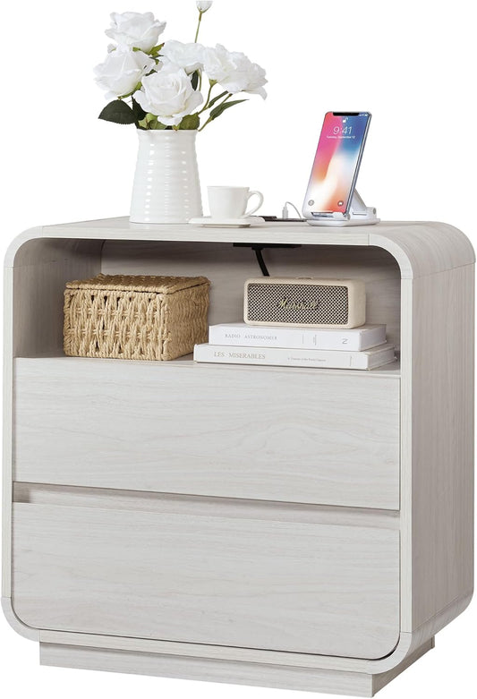 White Nightstand with Charging Station, 25" Tall Wood Bedside Table, Modern End Table with 2 Storage Drawers, Curved Profile, Mid Century Night Stand for Bedroom, Dorm, Sofa, Office