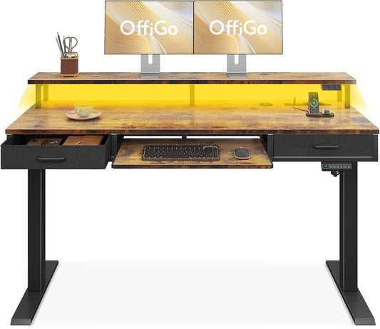 Electric Standing Desk with Drawers & Keyboard Tray, 63 Inch Height Adjustable Desk with Power Outlets & LED Lights, Sit Stand Table with Monitor Stand for Home, Office, Rustic Brown