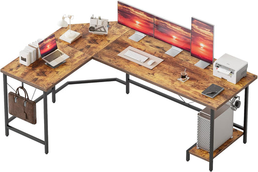 59 Inch Large L Shaped Desk, Simple Corner Gaming Desk with CPU Stand & Hooks, Computer Desk for Home, Bedroom & Office Workspace, Rustic Brown