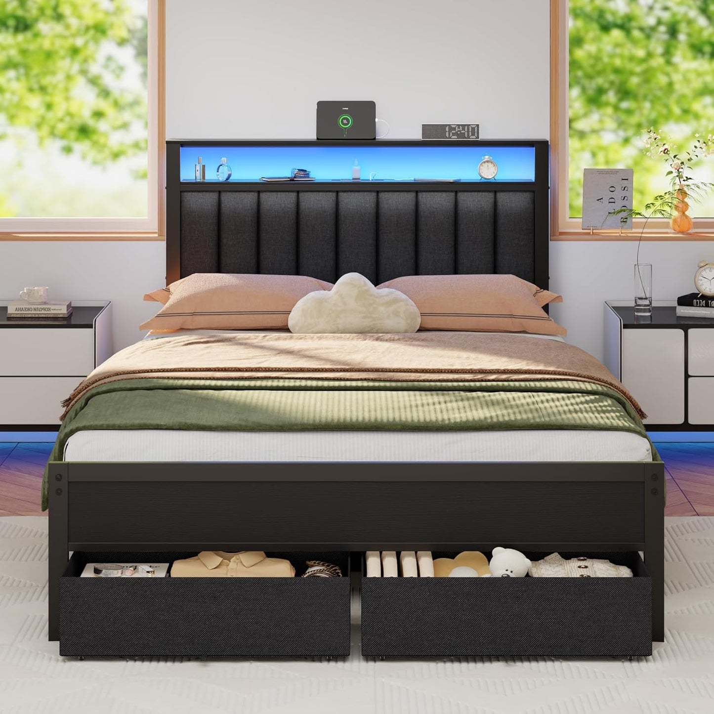 Full Size Bed Frame with Charging Station and LED Lights, Grey Upholstered Headboard with Shelves, Metal Platform Bed with 2 Under-Bed Storage (Fabric Drawer on Wheels), No Box Spring Needed